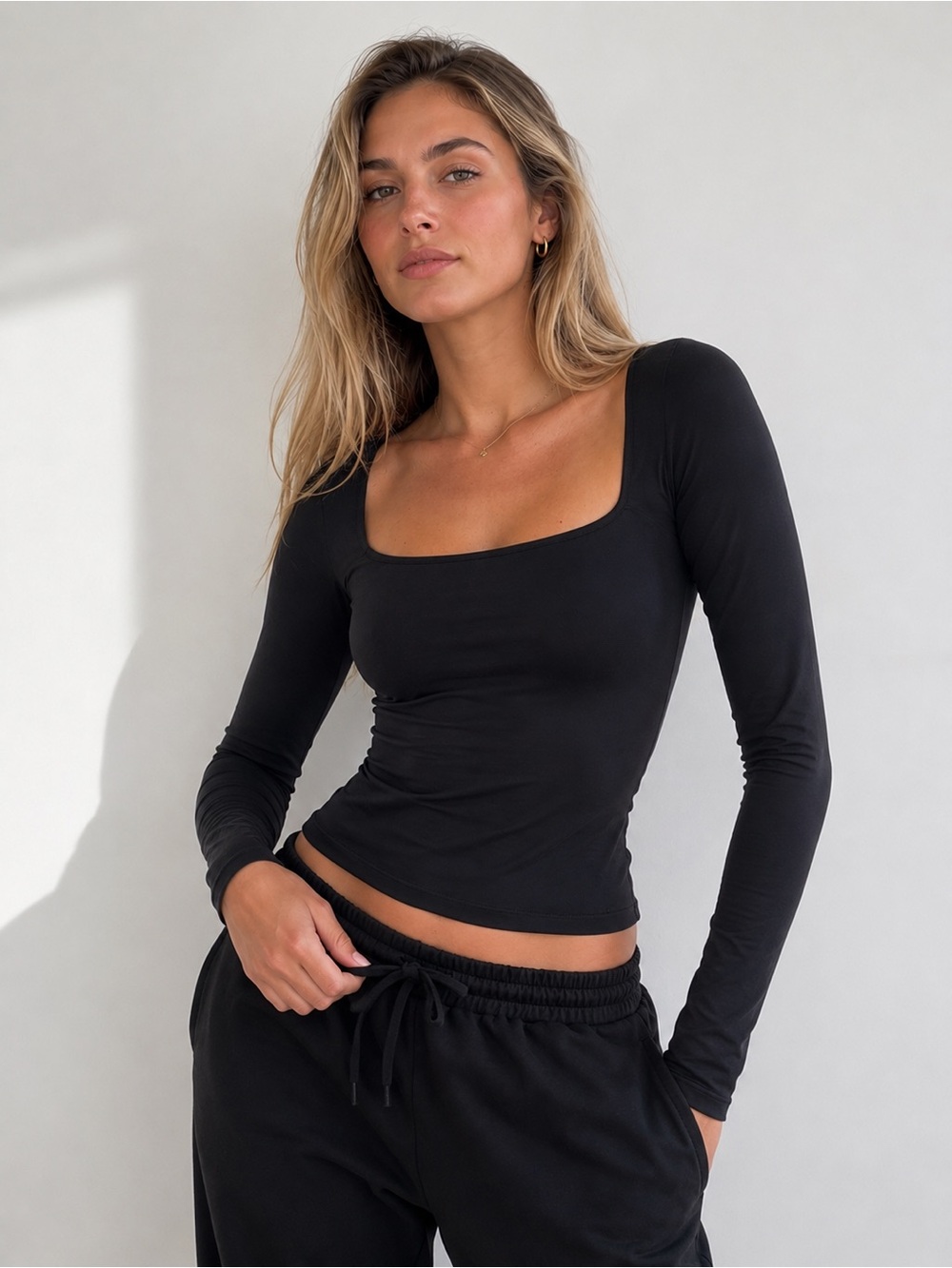 SKIMS Black Long Sleeve Square Neck Fitted Top | Size Small
